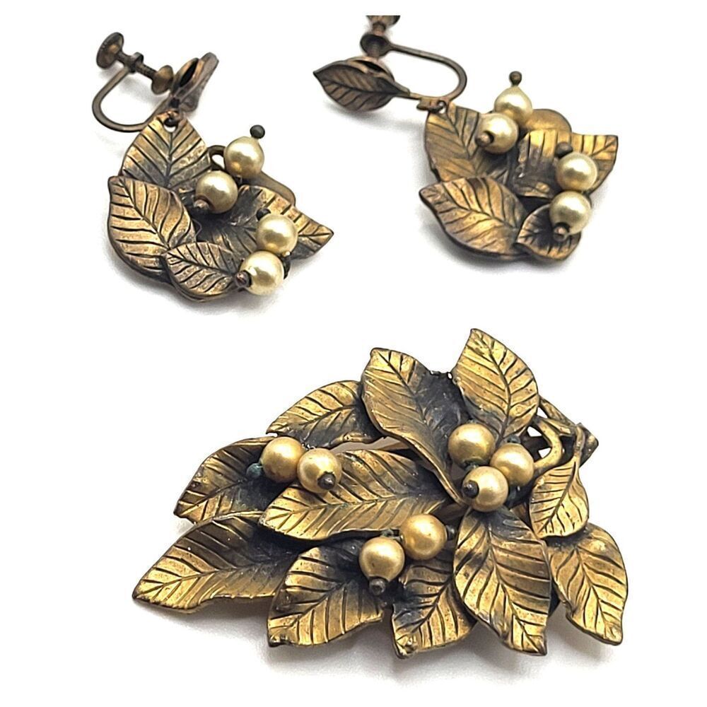 Antique Brass Pearl Brooch Clip On Earring Set Demi Parure 1.75in long & 1.25in